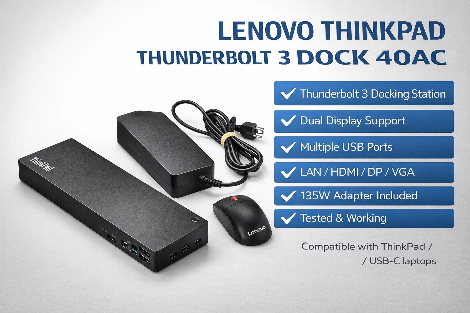Lenovo ThinkPad Thunderbolt 3 Dock 40AC w/ 135W Adapter Tested Working