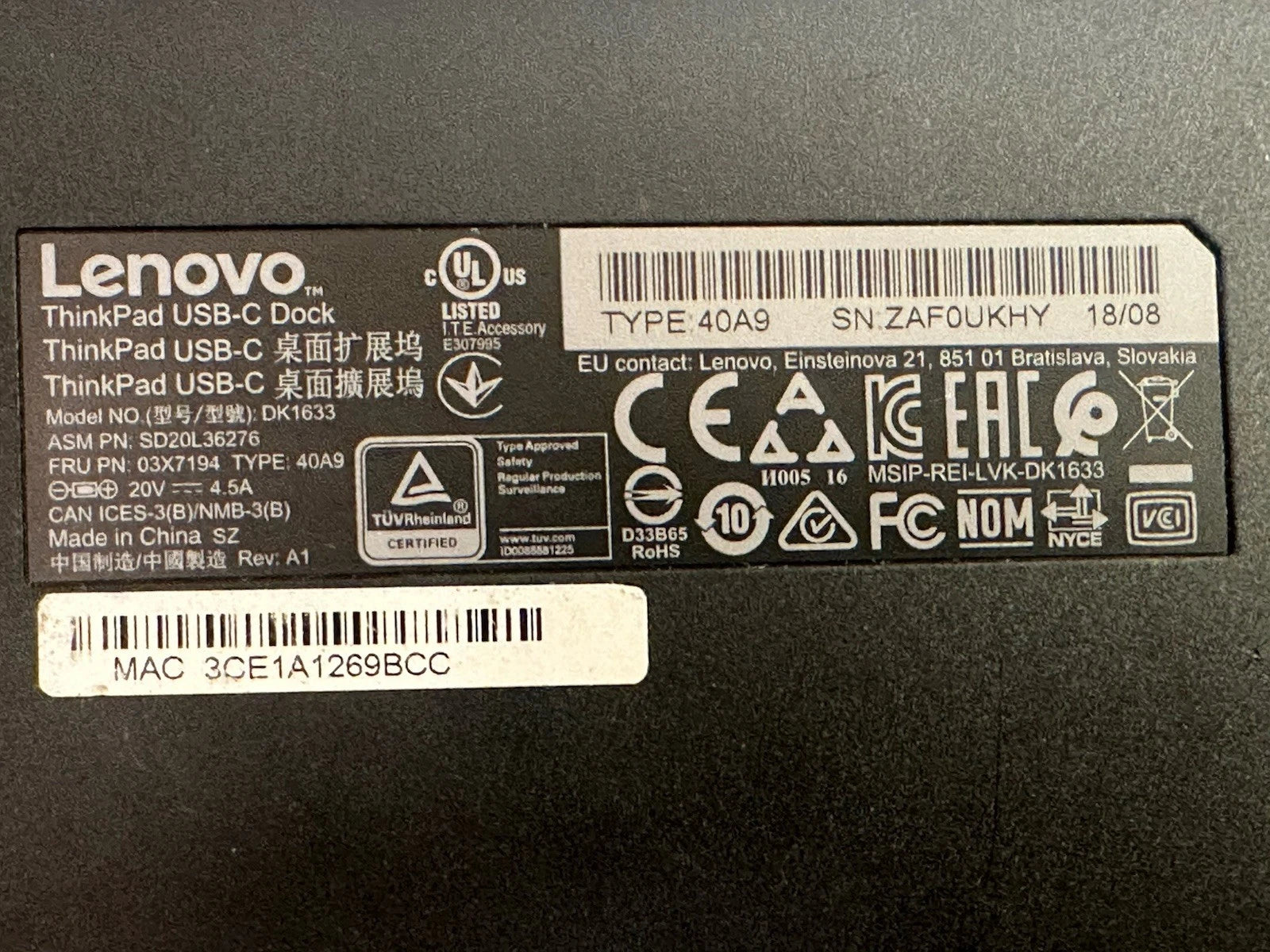 Lenovo ThinkPad USB-C Dock 40A9 DK1633 Docking Station NO Power Adapter