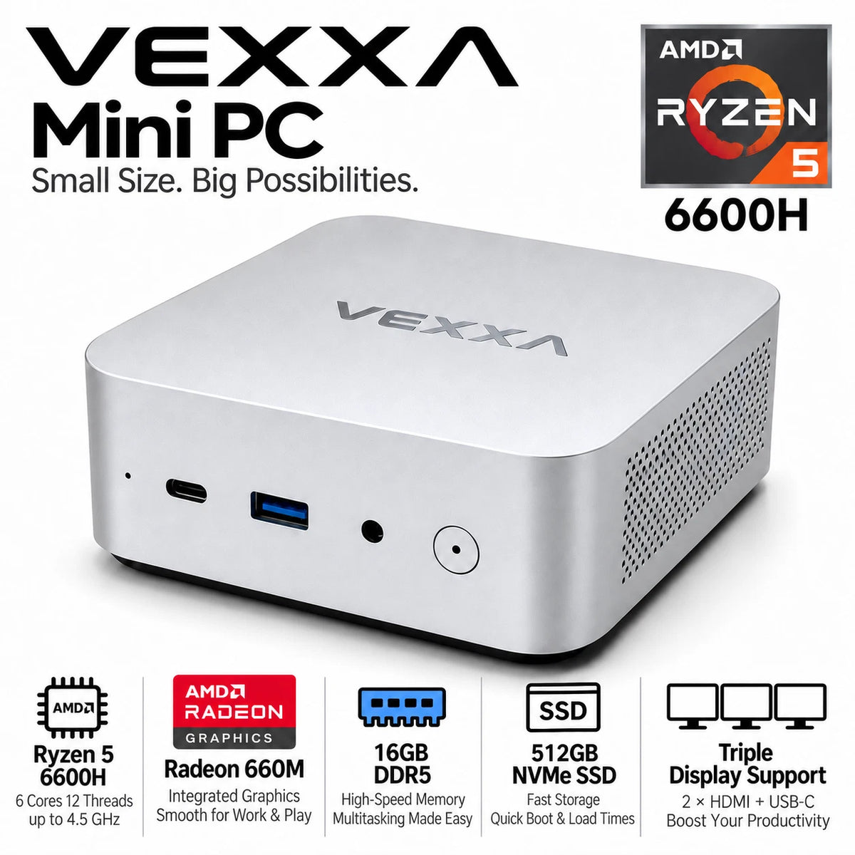 VEXXA Mini PC AMD Ryzen 5 6600H 16GB DDR5 512GB NVMe SSD Windows 11 Pro Desktop