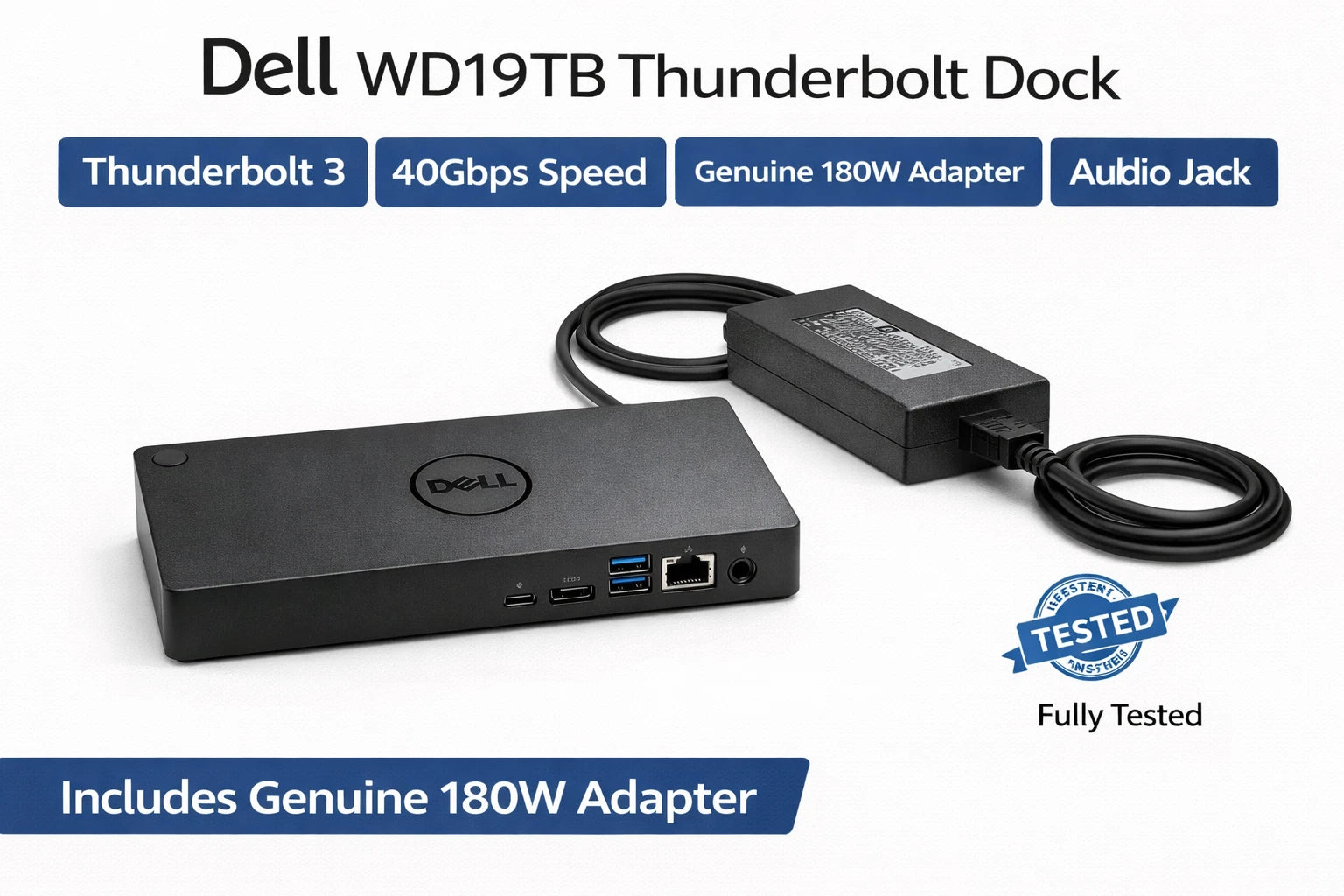 Dell WD19TB Thunderbolt 3 Dock w/ 180W Adapter Tested Fully Working
