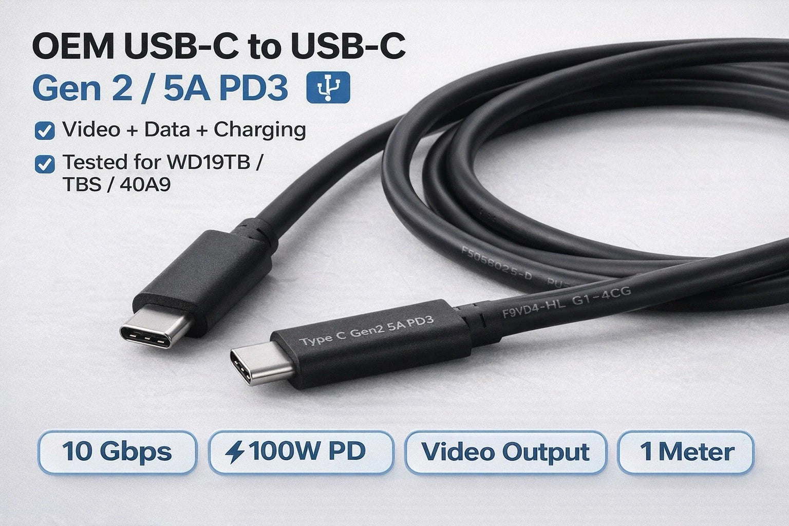 USB-C to USB-C Cable 1M 100W 5A 10Gbps E-Marker Dock Replacement Tested OEM