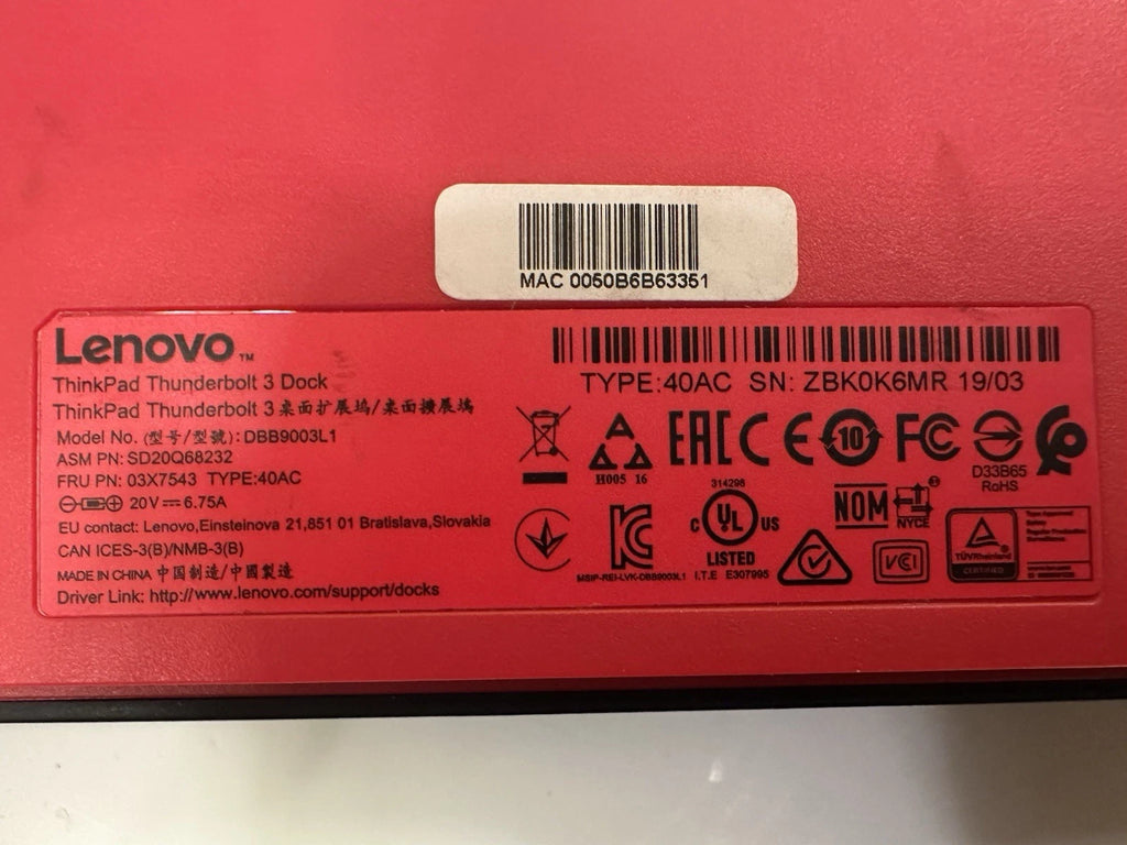Lenovo ThinkPad Thunderbolt 3 Dock 40AC w/ 135W Adapter Tested Working