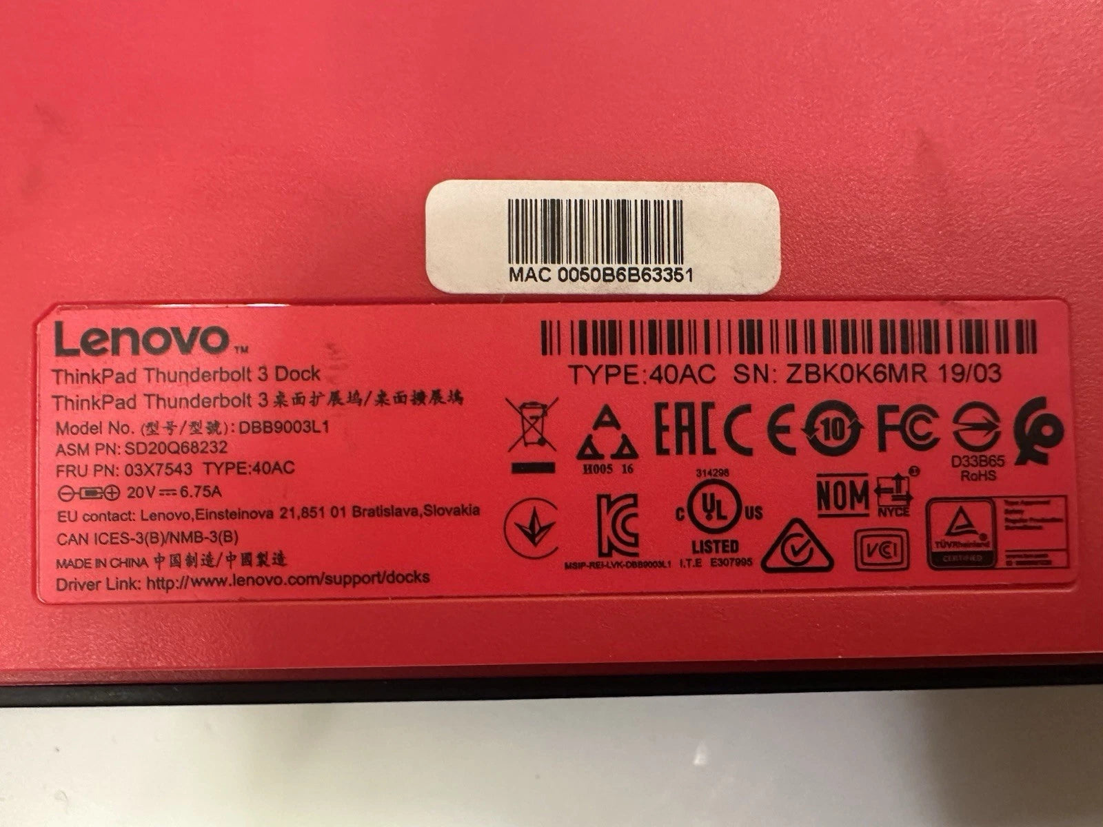 Lenovo ThinkPad Thunderbolt 3 Dock 40AC w/ 135W Adapter Tested Working