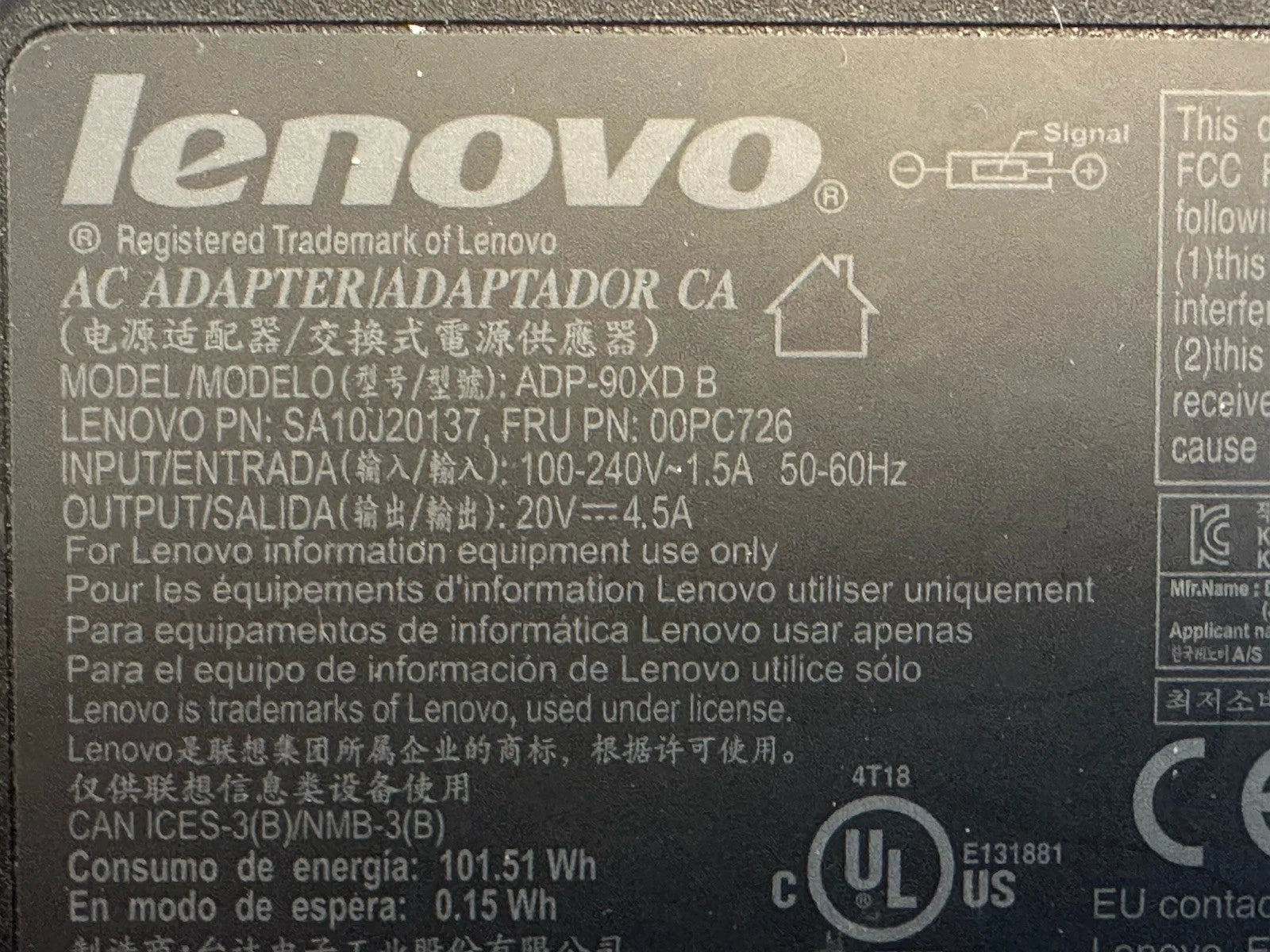 Genuine Lenovo 90W Slim Tip AC Adapter Charger 20V 4.5A ThinkPad OEM