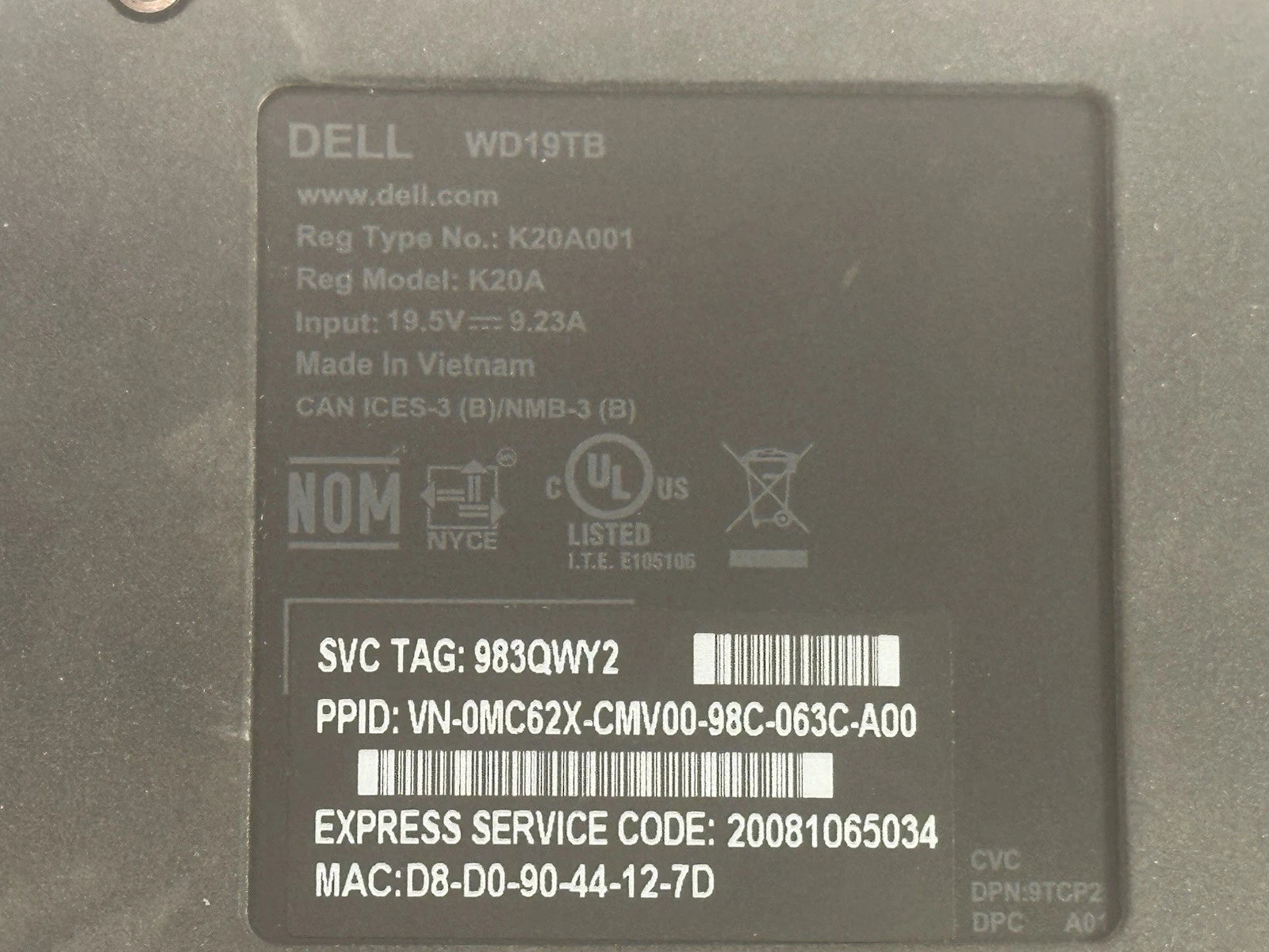 Dell WD19TB Thunderbolt 3 Dock w/ 180W Adapter Tested Fully Working