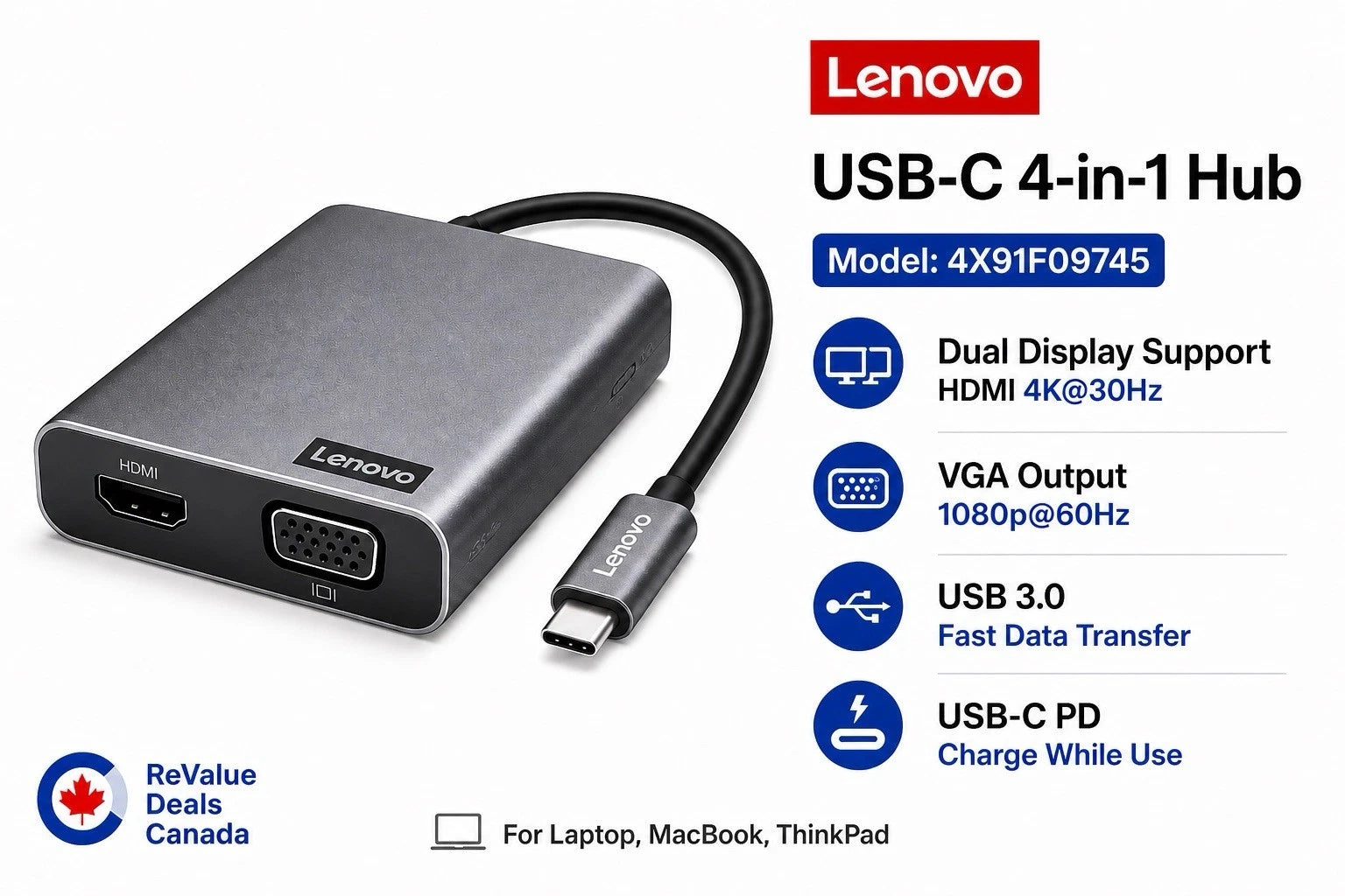 Lenovo USB-C Hub HDMI VGA Adapter USB 3.0 PD Type-C 4X91F09745 New